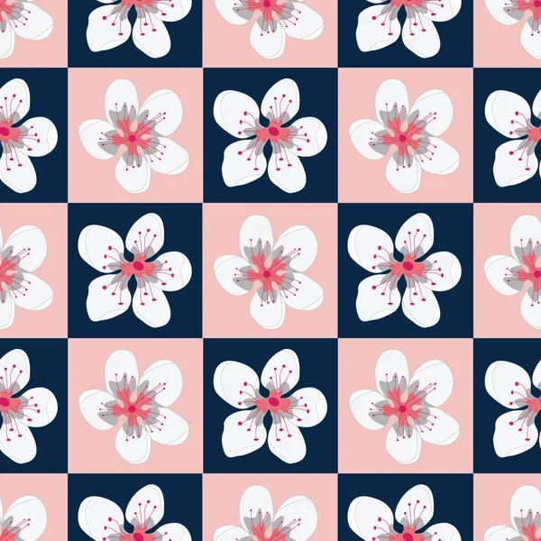 Vector Coral White Gray Flowers on Peach and Blue Squares Background Seamless Repeat Pattern. Fondo para textiles, tarjetas, fabricación, fondos de pantalla, impresión, envoltura de regalo y scrapbooking . — Archivo Imágenes Vectoriales