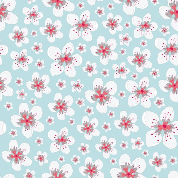 Vector Coral White Gray Flowers with on Mint Green Background Seamless Repeat Pattern. Background for textiles, cards, manufacturing, wallpapers, print, gift wrap and scrapbooking. — Stock Vector
