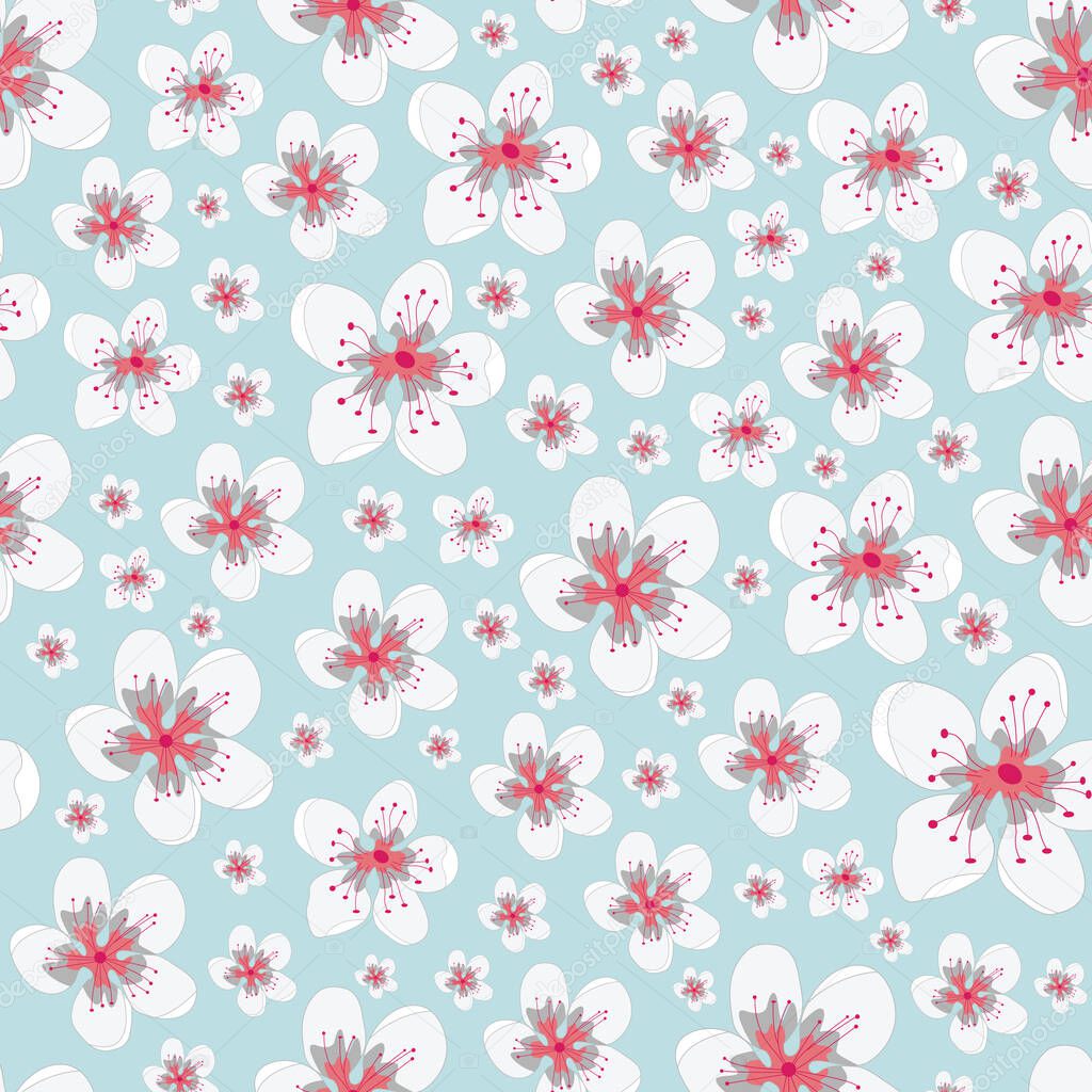 Vector Coral White Gray Flowers with on Mint Green Background Seamless Repeat Pattern. Background for textiles, cards, manufacturing, wallpapers, print, gift wrap and scrapbooking.