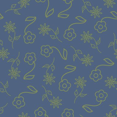 Vektör Yeşil Hat Sanat Çiçekleri Mavi Arka plan Kusursuz Tekrarlama deseninde. Tekstil, kartlar, imalat, duvar kağıtları, baskı, hediye paketi ve yapıştırma kitabı için arkaplan.