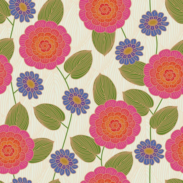 Vektorblumen in rosa, lila und orange mit grünen Blättern auf beige-goldenem Hintergrund. Hintergrund für Textilien, Karten, Fertigung, Tapeten, Druck, Geschenkpapier und Scrapbooking. — Stockvektor