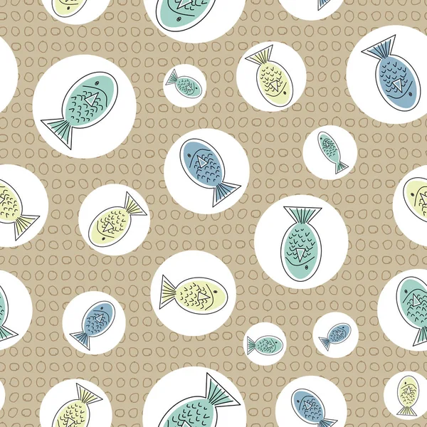 Vektor blau gelb und grün Fische in weißen Kreisen auf einem braunen Hintergrund nahtlos wiederholen Muster. Hintergrund für Textilien, Karten, Fertigung, Tapeten, Druck, Geschenkpapier und Scrapbooking. — Stockvektor
