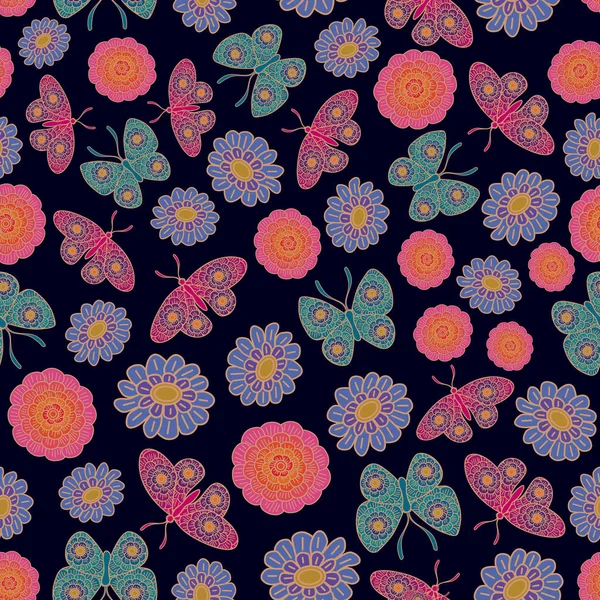 Vektor-Schmetterlinge mit floralen Flügeln und Blüten in blau, grün, rosa und lila auf dunkelblau. Hintergrund für Textilien, Karten, Fertigung, Tapeten, Druck, Geschenkpapier und Scrapbooking. — Stockvektor