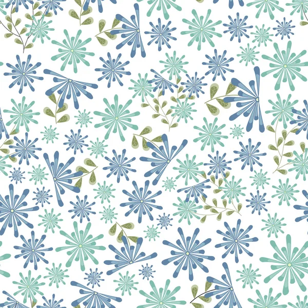 Vektor blau-grüne Blüten mit Blättern auf weißem Hintergrund verstreut. Hintergrund für Textilien, Karten, Fertigung, Tapeten, Druck, Geschenkpapier und Scrapbooking. — Stockvektor