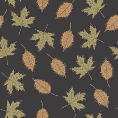 Vector Fall Autumn Leaves in Brown ve Green on Dark Brown Seamless Repeat Destern. Tekstil, kartlar, imalat, duvar kağıtları, baskı, hediye paketi ve yapıştırma kitabı için arkaplan.