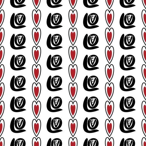 Vector Red Hearts and Black Abstract Love Text on White Background Seamless Repeat Pattern. Arrière-plan pour textiles, cartes, fabrication, papiers peints, impression, emballage cadeau et scrapbooking . — Image vectorielle