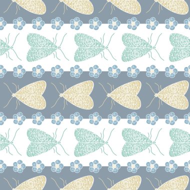 Sarı Vektör Kelebekler ve Mavi Çiçekler Gri Beyaz Çizgili, Kusursuz Tekrarı Örnekleri. Tekstil, kartlar, imalat, duvar kağıtları, baskı, hediye paketi ve yapıştırma kitabı için arkaplan.