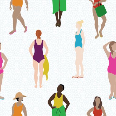 Mor Mor Mavi Pembe Turuncu Giyen Vektör Kadınlar, Beyaz Kusursuz Tekrarlama Kalıbına. Tekstil, kartlar, imalat, duvar kağıtları, baskı, hediye paketi ve yapıştırma kitabı için arkaplan.