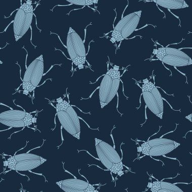 Lacivert Arkaplanda Mavi Böcekler Kusursuz Tekrarlama Kalıbında. Tekstil, kartlar, imalat, duvar kağıtları, baskı, hediye paketi ve yapıştırma kitabı için arkaplan.