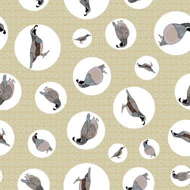Vector Quail Birds in Black, Brown, Gray, White in Circles on Beige Background Seamless Repeat Pattern. Background for textile, book covers, manufacturing, wallpapers, print, gift wrap and