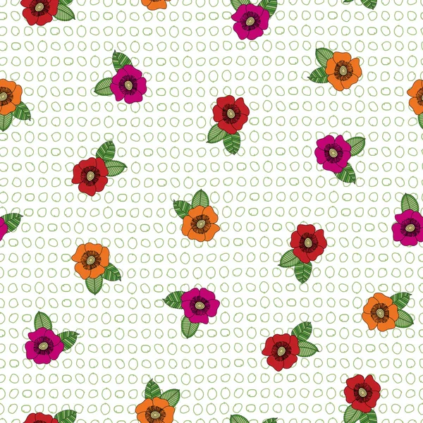 Vektor kleine Blüten in rosa orange rot mit grünen Blättern auf weißem Hintergrund nahtlos wiederholen Muster. Hintergrund für Textilien, Karten, Fertigung, Tapeten, Druck, Geschenkpapier und Scrapbooking. — Stockvektor