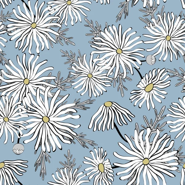 Vector Flowers Gänseblümchen in Weiß Gelb Schwarz mit grauen Blättern auf blauem Hintergrund Nahtlose Wiederholung Muster verstreut. Hintergrund für Textilien, Karten, Fertigung, Tapeten, Druck, Geschenkpapier und — Stockvektor