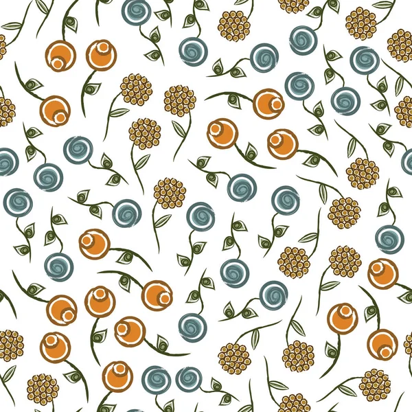 Vector Abstract Orange Gelb Blau Blumen mit grünen Blättern auf weißem Hintergrund Nahtlose Wiederholung Muster. Vector Abstract Orange Gelb Blau Blumen mit grünen Blättern auf weißem Hintergrund Nahtlos — Stockvektor