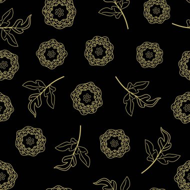 Vector Flowers and Leaves in Yellow Outlines on Black Background Grupsuz Tekrarlama Modeli. Tekstil, kartlar, imalat, duvar kağıtları, baskı, hediye paketi ve yapıştırma kitabı için arkaplan.
