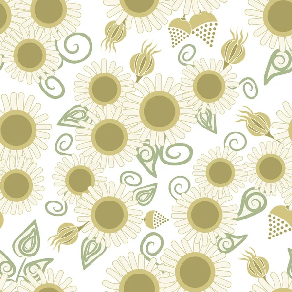 Vector Flowers in Gelbgold Weiß mit grünen Blättern auf weißem Hintergrund Nahtlose Wiederholung Muster angeordnet. Hintergrund für Textilien, Karten, Fertigung, Tapeten, Druck, Geschenkpapier und Scrapbooking — Stockvektor