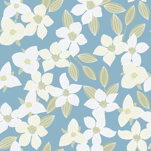 Flores Vectoriales en Gris Blanco con Hojas Verdes sobre Fondo Azul Patrón de repetición sin costuras. Fondo para textiles, tarjetas, fabricación, fondos de pantalla, impresión, envoltura de regalo y scrapbooking . — Archivo Imágenes Vectoriales