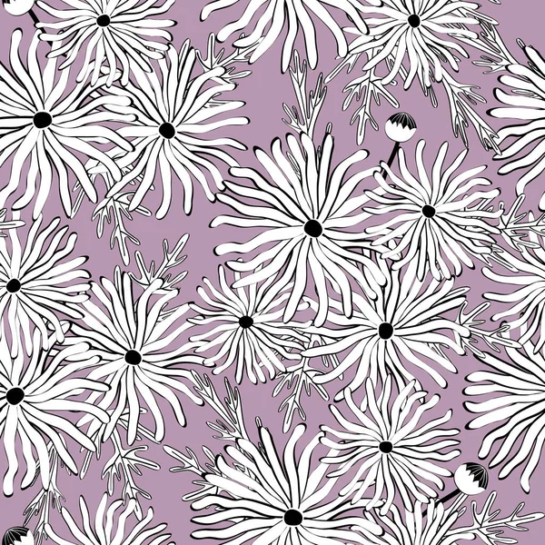 Vector Flowers Gänseblümchen in Schwarz und Weiß auf lila Hintergrund nahtlose Wiederholung Muster. Hintergrund für Textilien, Karten, Fertigung, Tapeten, Druck, Geschenkpapier und Scrapbooking. — Stockvektor