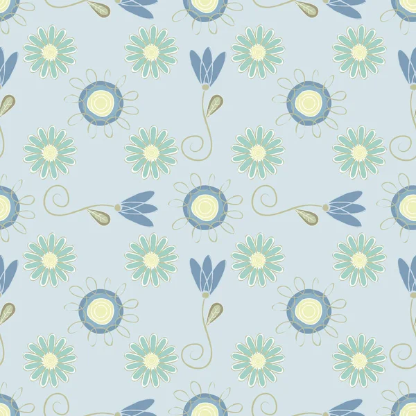 Vector Blue Yellow and Green Flowers on Blue Background Seamless Repeat Pattern. Hintergrund für Textilien, Bucheinbände, Fertigung, Tapeten, Druck, Geschenkpapier und Scrapbooking. — Stockvektor