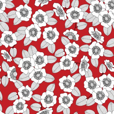Kırmızı Arkaplanda Siyah ve Beyaz Vektör Çiçekleri Kusursuz Tekrarı Deseni. Tekstil, kartlar, imalat, duvar kağıtları, baskı, hediye paketi ve yapıştırma kitabı için arkaplan.