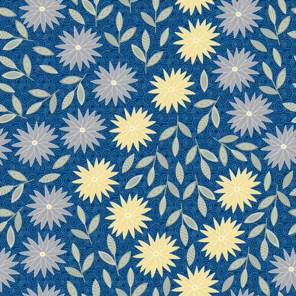 Vector Flowers in Grey Yellow Scattered with Green Leaves on Blue Background Seamless Repeat Pattern. Background for textiles, cards, manufacturing, wallpapers, print, gift wrap and scrapbooking.