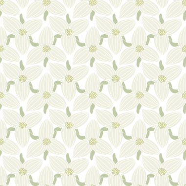 Beyaz Renkli Vektör Çiçekleri ve Yeşil Yapraklar Beyaz Arkaplanda Kusursuz Tekerrür Modeli. Tekstil, kartlar, imalat, duvar kağıtları, baskı, hediye paketi ve yapıştırma kitabı için arkaplan.