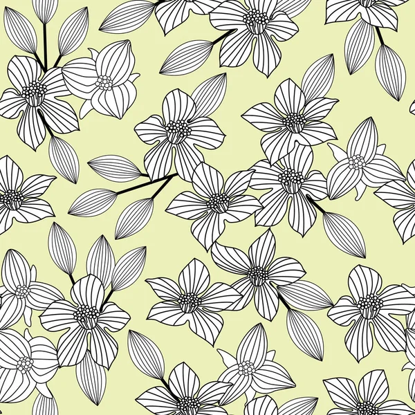 Sarı Arkaplanda Yaprakları Olan Beyaz Renkli Vektör Çiçekleri Tekrarlanmayan Desen. Tekstil, kartlar, imalat, duvar kağıtları, baskı, hediye paketi ve yapıştırma kitabı için arkaplan.