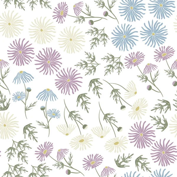 Vector Flowers Gänseblümchen in Weiß Lila Blau und Grün Blätter auf weißem Hintergrund verstreut nahtlose Wiederholung Muster. Hintergrund für Textilien, Karten, Fertigung, Tapeten, Druck, Geschenkpapier und — Stockvektor