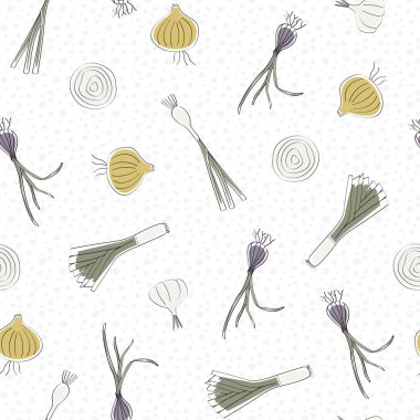 Vektör Sebzeli Soğan Sarımsaklı Shallot Pırasası Beyaz Kusursuz Tekrarı Kalıbında. Tekstil, kartlar, imalat, duvar kağıtları, baskı, hediye paketi ve yapıştırma kitabı için arkaplan.