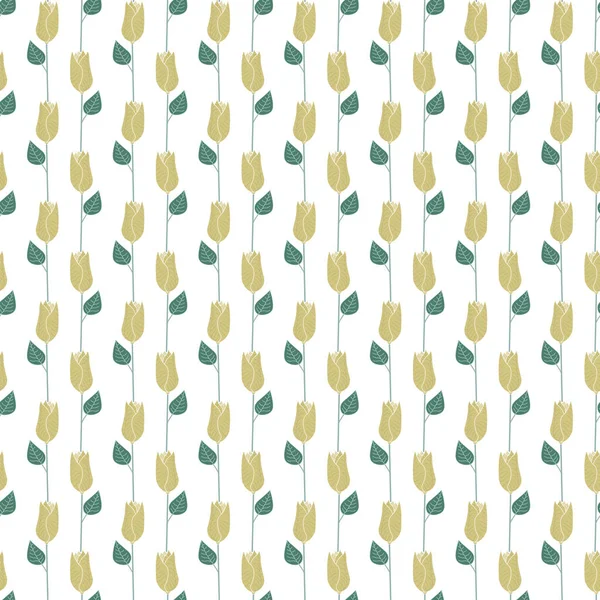 Fleurs vectorielles en jaune avec feuilles vertes éparpillées sur fond blanc Modèle de répétition sans couture. Arrière-plan pour textiles, cartes, fabrication, papiers peints, impression, emballage cadeau et scrapbooking . — Image vectorielle