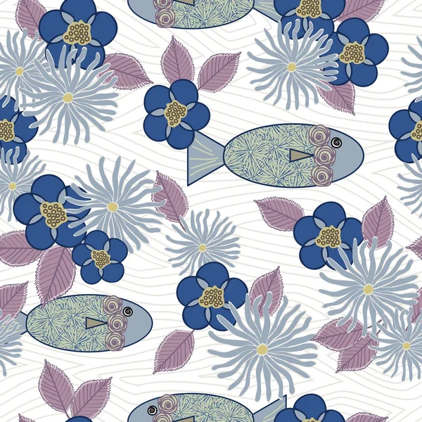 Fischblumen in Blau Lila mit lila Blättern, die auf weißem Hintergrund verstreut sind, wiederholen sich nahtlos. Hintergrund für Textilien, Karten, Fertigung, Tapeten, Druck, Geschenkpapier und Scrapbooking. — Stockfoto