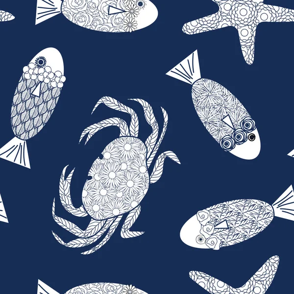 Vektor-Krabben fischen Seesterne in Weiß auf blauem Hintergrund, die sich nahtlos wiederholen. Hintergrund für Textilien, Karten, Fertigung, Tapeten, Druck, Geschenkpapier und Scrapbooking. — Stockvektor