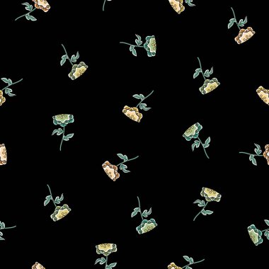 Yeşil Turuncu Mavili Küçük Çiçekler ve Siyah Arkaplanda Yeşil Yapraklar. Tekstil, kartlar, imalat, duvar kağıtları, baskı, hediye paketi ve