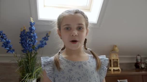 Lille pige har et videoopkald derhjemme – Stock-video