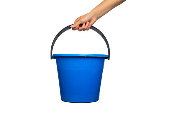 Plastic Blue Water Bucket Black Handle Hand Cleaning Products Supplies — Stock Photo, Image