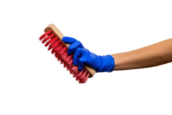 Hand Een Blauwe Handschoen Met Rode Schoonmaak Borstel Schoonmaakmiddelen Benodigdheden — Stockfoto