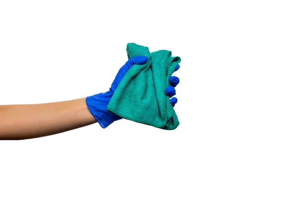 Tangan Sarung Tangan Biru Dengan Kain Hijau Membersihkan Produk Dan — Stok Foto