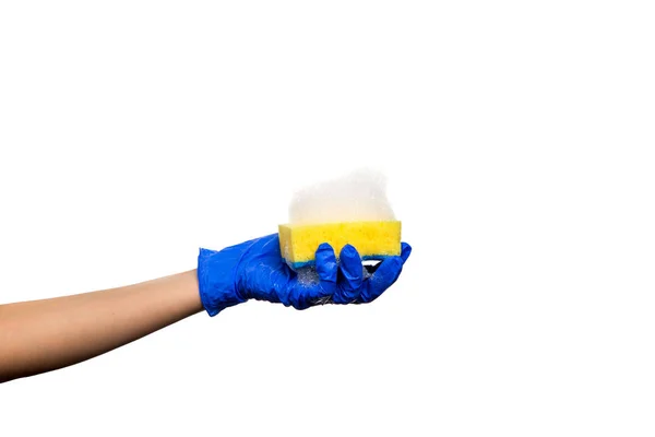 Hand Een Blauwe Handschoen Met Een Gele Spons Zeepschuim Schoonmaakmiddelen — Stockfoto