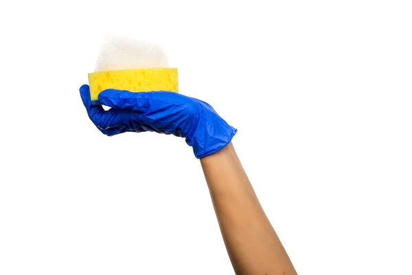 Sarı Sünger Sabunlu Köpüklü Mavi Bir Eldiven Verin Temizlik Ürünleri — Stok fotoğraf