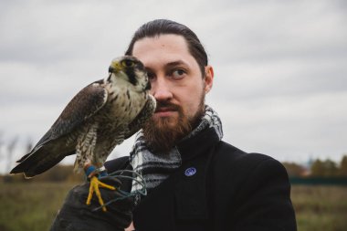 Şahin konsepti. Avrupalı görünümlü, sakallı, uzun saçlı, deri eldivenli ve elinde güzel bir şahin olan bir adam. Bir tarlanın arka planında, manzara