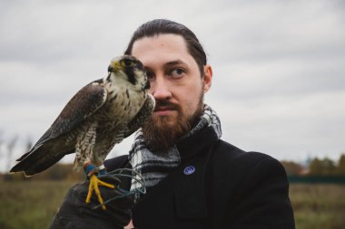 Şahin konsepti. Avrupalı görünümlü, sakallı, uzun saçlı, deri eldivenli ve elinde güzel bir şahin olan bir adam. Bir tarlanın arka planında, manzara