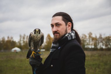 Şahin konsepti. Avrupalı görünümlü, sakallı, uzun saçlı, deri eldivenli ve elinde güzel bir şahin olan bir adam. Bir tarlanın arka planında, manzara