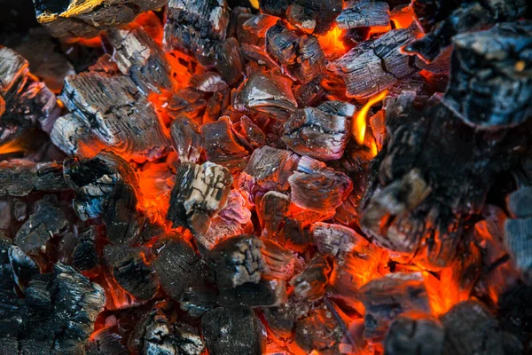 在烤架上烧木柴 在大自然中烧烤 在火上做饭 靠近点 — 图库照片