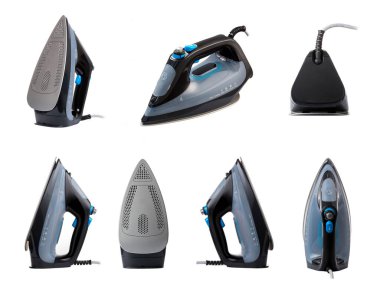 Yeni ütü beyaz arka planda izole edilmiş. Önde, yanda, arkada, her tarafta. Yıkama ve giysi bakımı