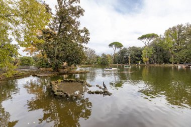 Roma / İtalya - 11 / 17 / 2019: Sonbaharda Roma. Villa Borghese 'de. Parktaki Gölet
