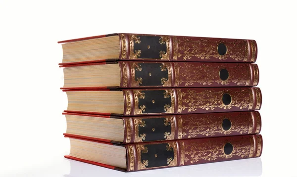 Stack Books Bound Leather Gold Lettering White Background — Stock Photo, Image