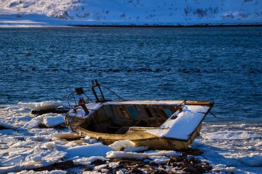 Barents Denizi kıyısında terk edilmiş eski bir tekne.