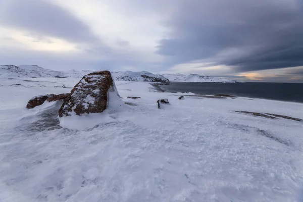 Χιονισμένη Τούνδρα Θαλάσσια Ακτή Barents Χερσόνησος Kola Teriberka Ρωσία — Φωτογραφία Αρχείου