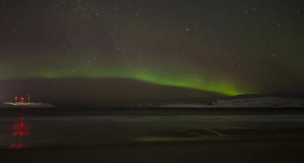 Luces Polares Cielo Estrellado Barco Pesquero Tirado Costado Arrastrado Por — Foto de Stock