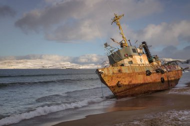Yan yatmış bir balıkçı teknesi, Barents Denizi kıyısında bir fırtınayla karaya vurmuş, Kola Yarımadası, Teriberka, Rusya