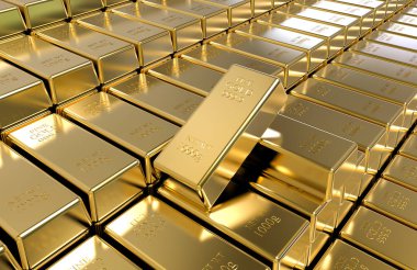 Arkaplanda 3 boyutlu altın külçeleri var. Hazine kavramı - İllüstrasyon